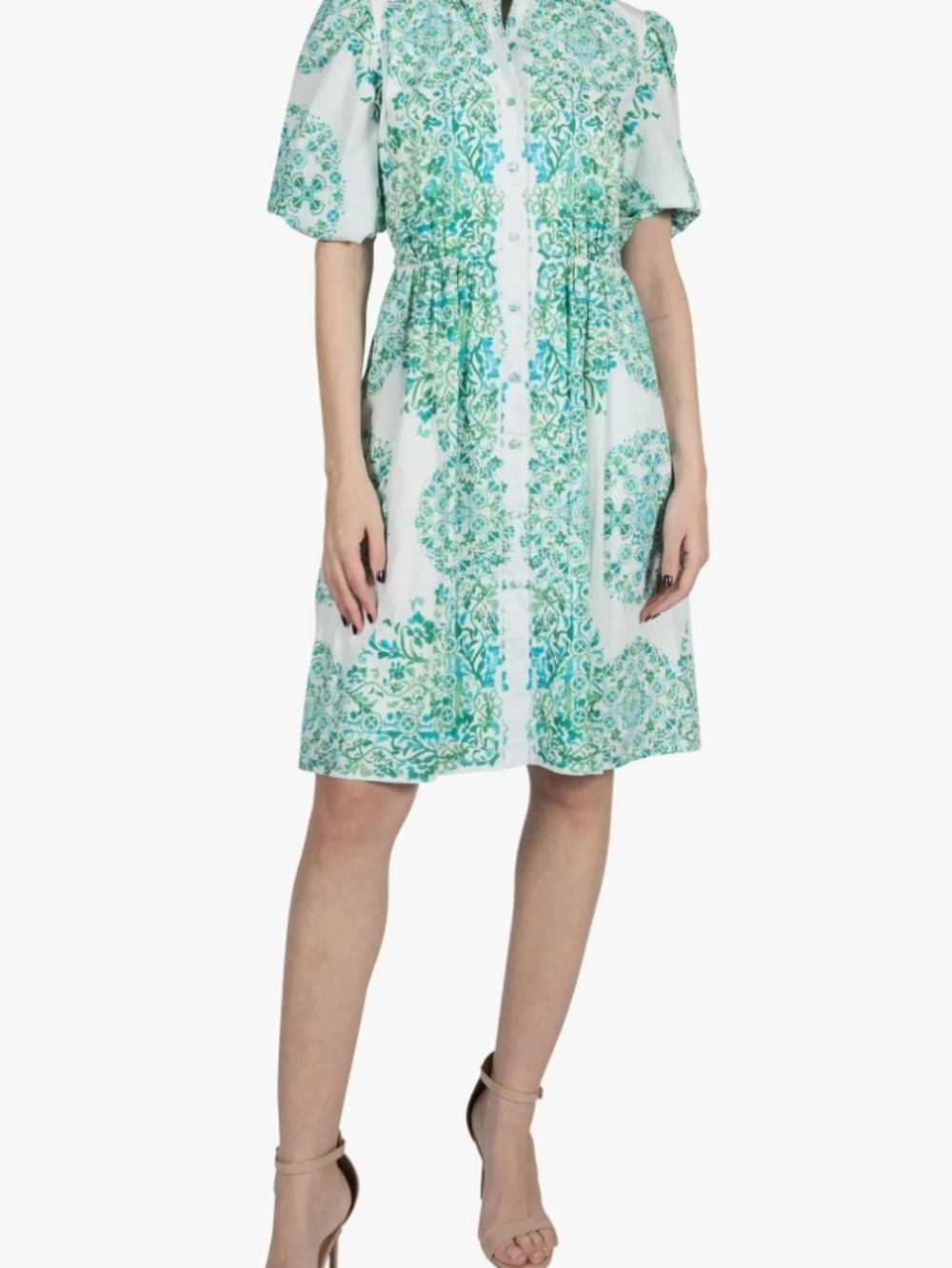 Julia Jordan Button Front Green White Puff Sleeve Border Floral Shirtdress 16